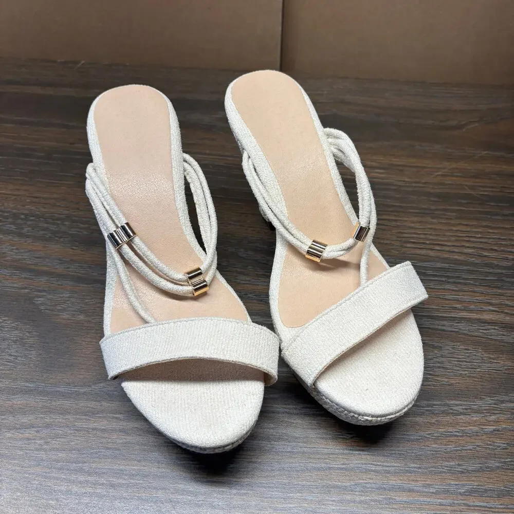 June Joan & Jenny Platform Block High Heel 38 US7.5 Cream Strappy Sandals
